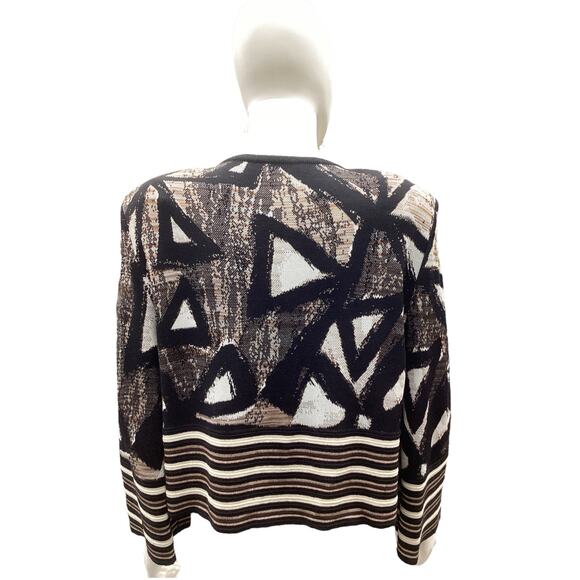 St. John Women’s Zip Up Cardigan SZ 12 Fine Knit Shoulder Pads Brown Beige Black - Picture 4 of 5